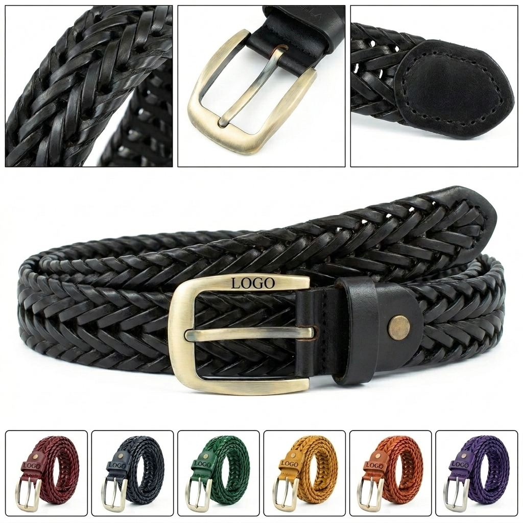 Leather Braided Belt with Metal Buckle - Multi-Color Bohemian Style