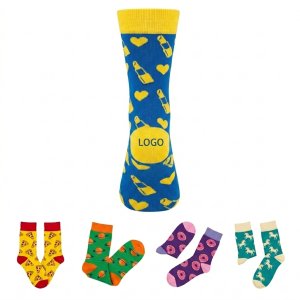Blue & Yellow Lipstick & Heart Print Crew Socks for Women